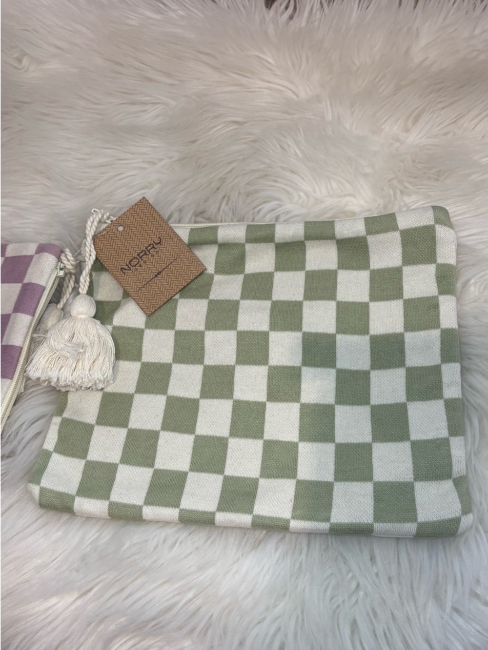 Checkered Cosmetic Pouch Set in Sage Green & Lavender Indian Artisans Unique - Picture 4 of 15
